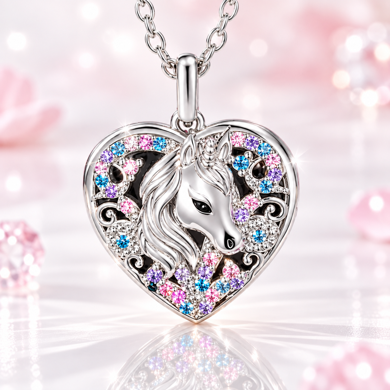 Rhinestone unicorn heart locket necklace for girls