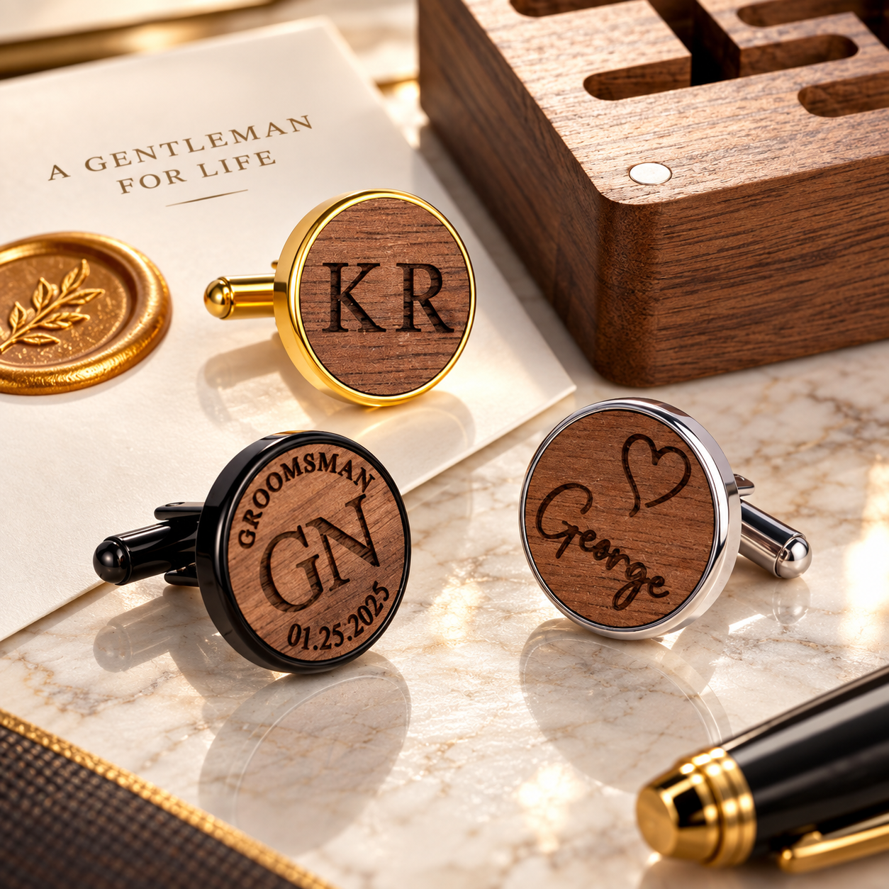 Custom wooden cufflinks in gold black and silver finishes with personalized engravings