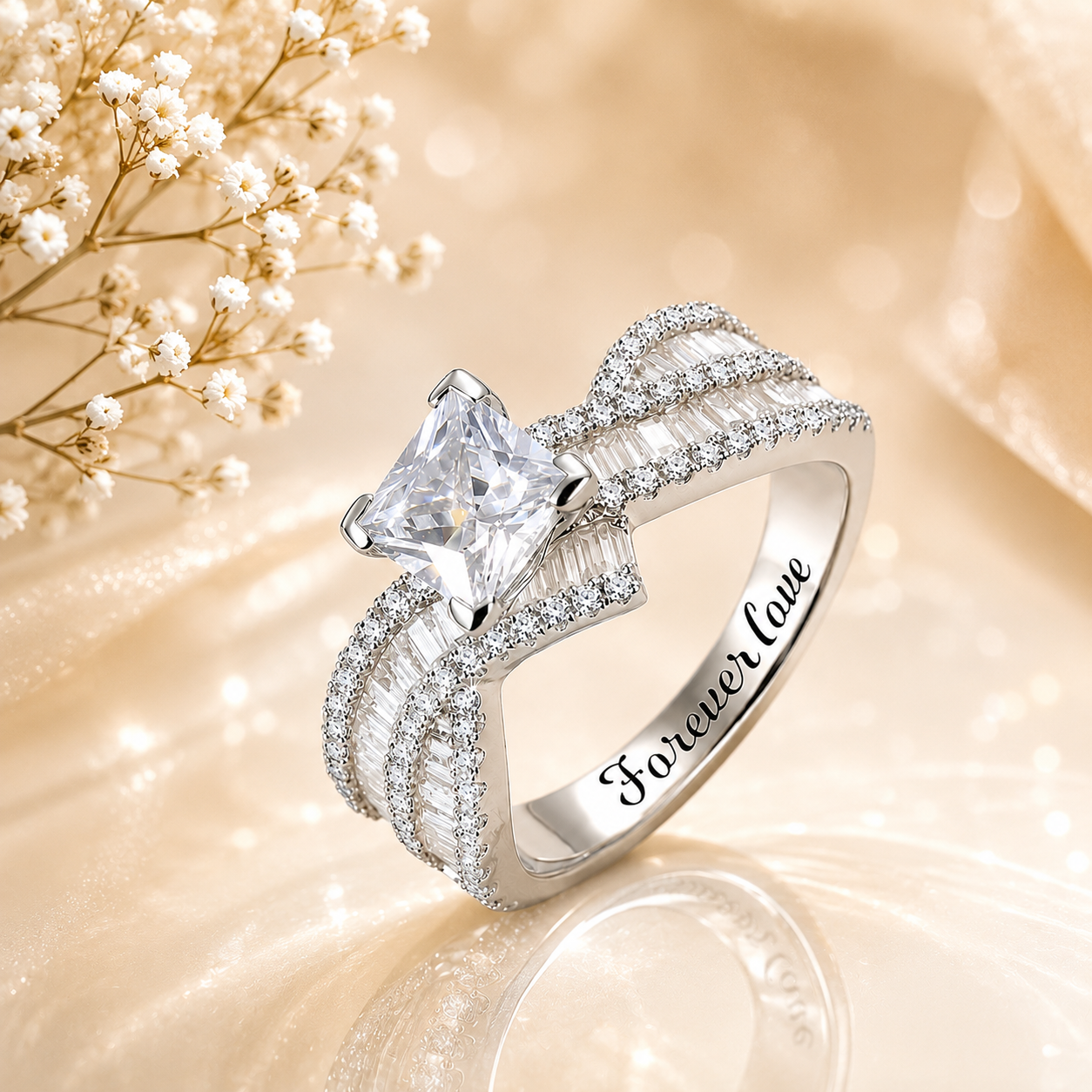 Sterling Silver Princess Cut Engagement Ring with Custom Engraving 