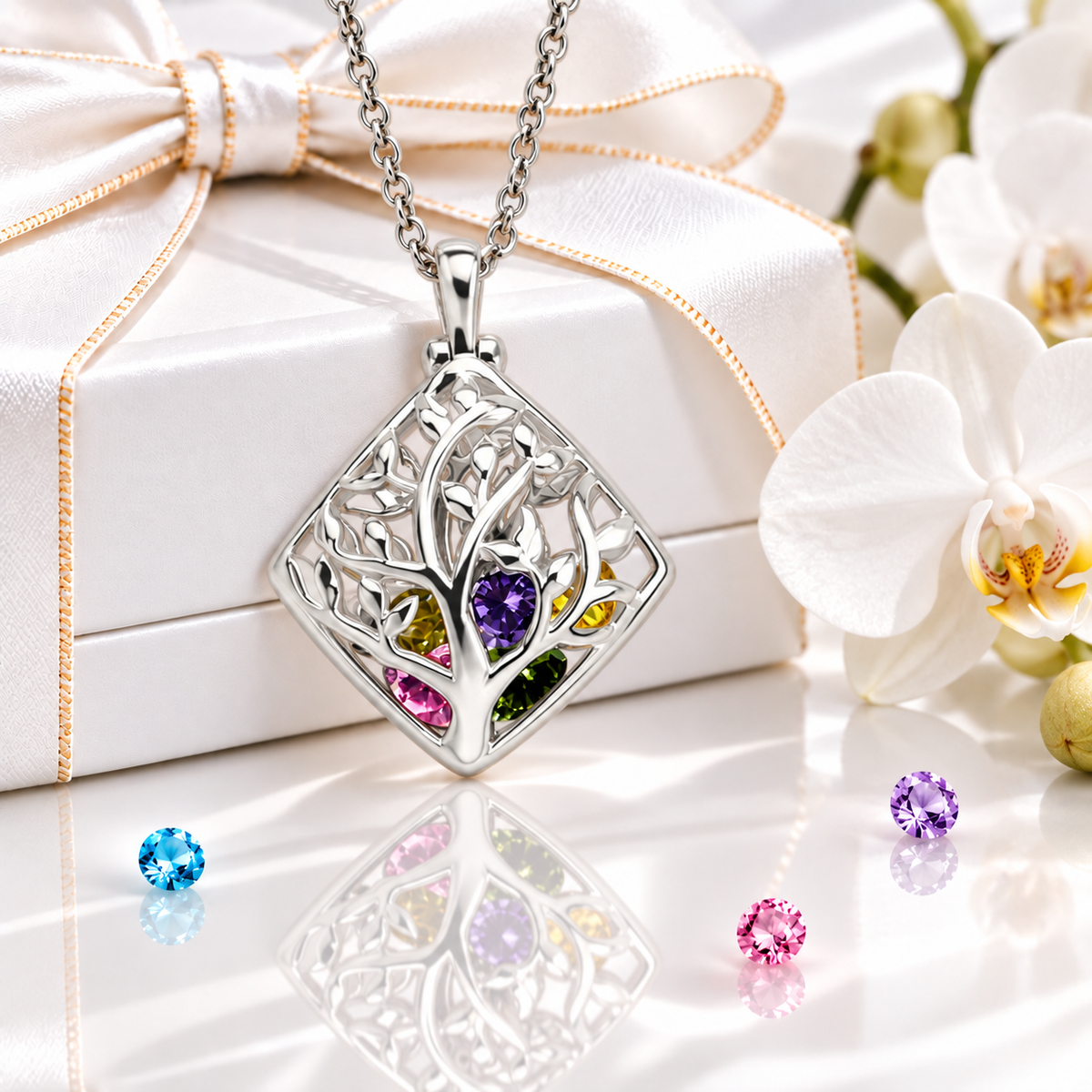 Personalized rhombus family tree birthstone necklace in sterling silver