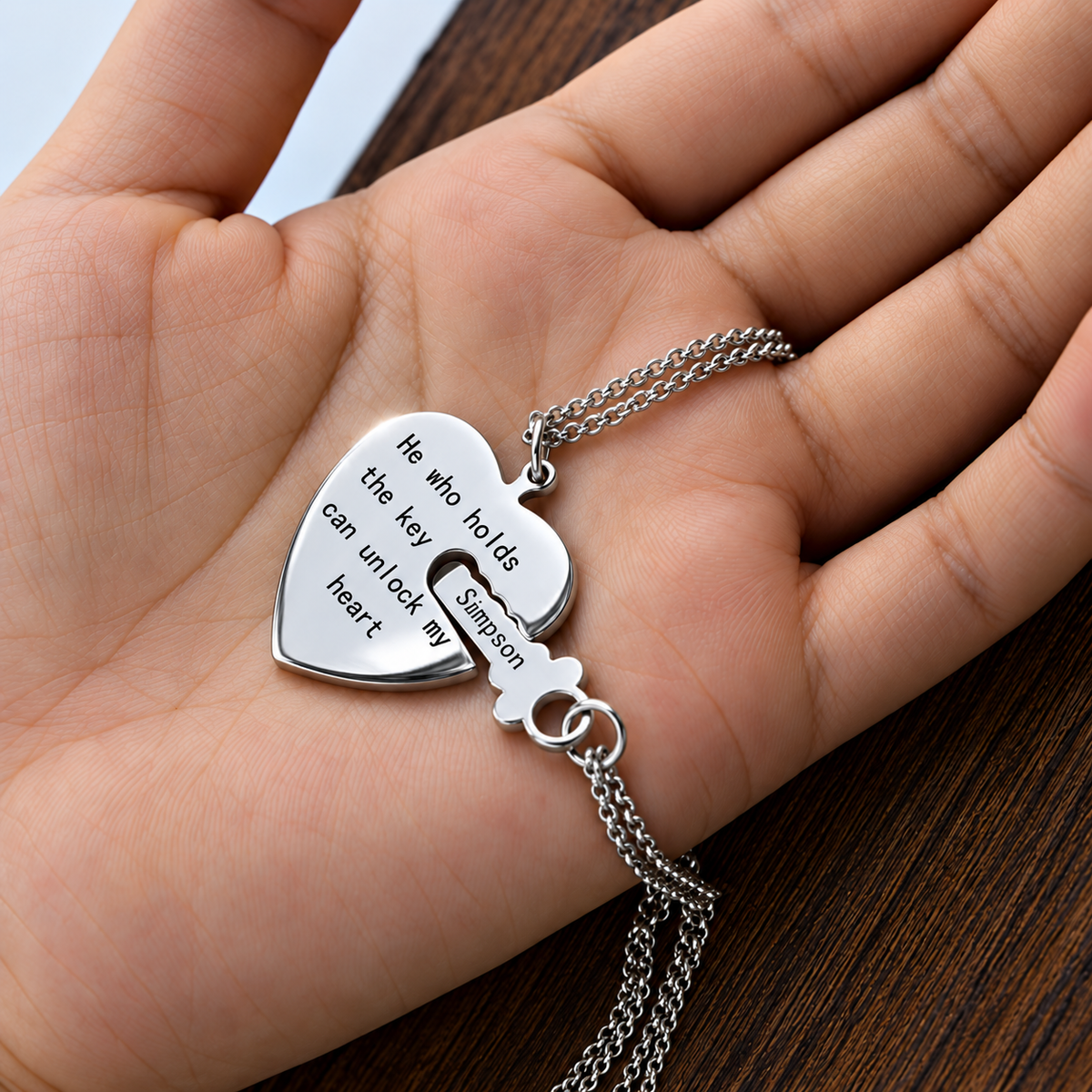 Silver heart and key necklace set for couples