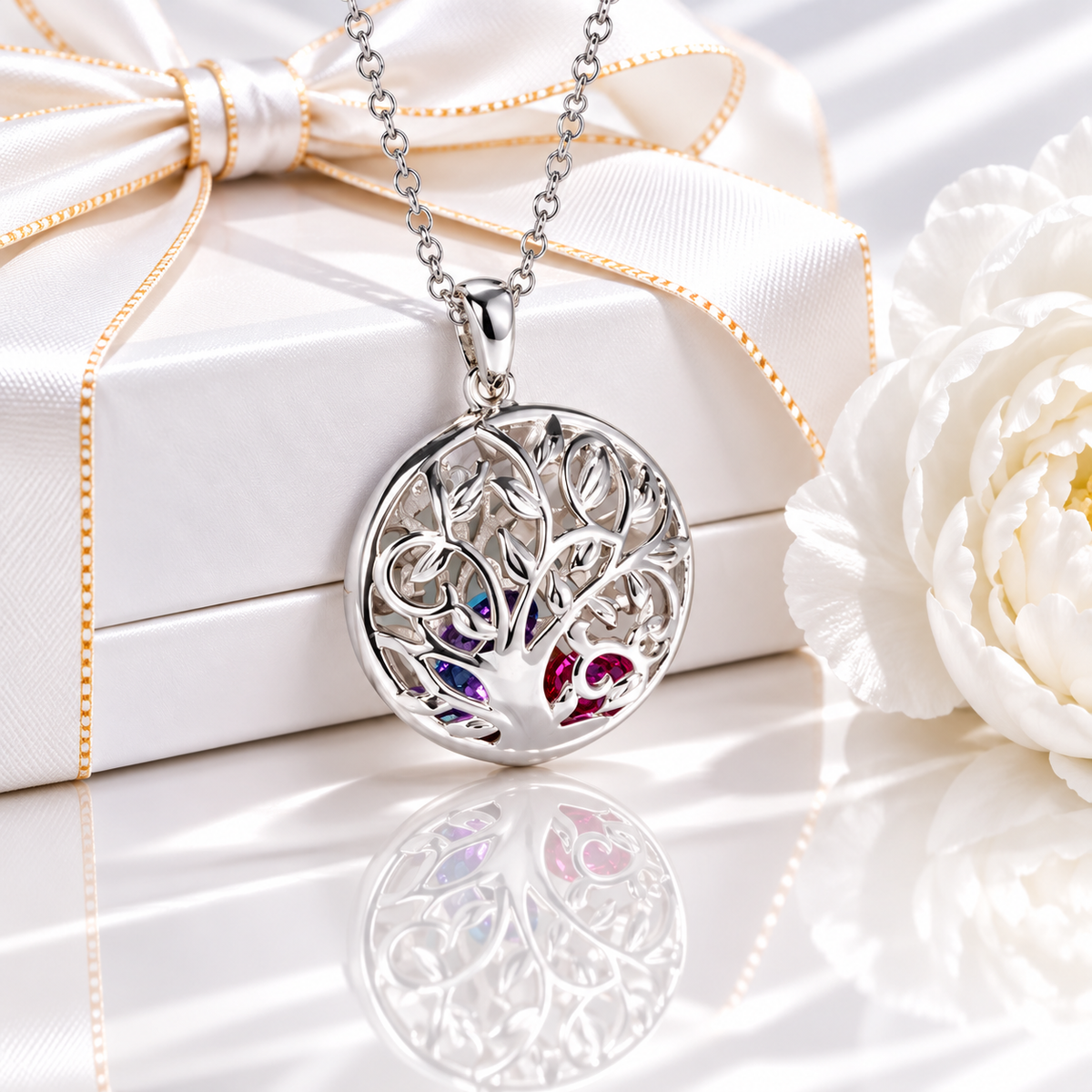 Sterling silver round Tree of Life birthstone necklace