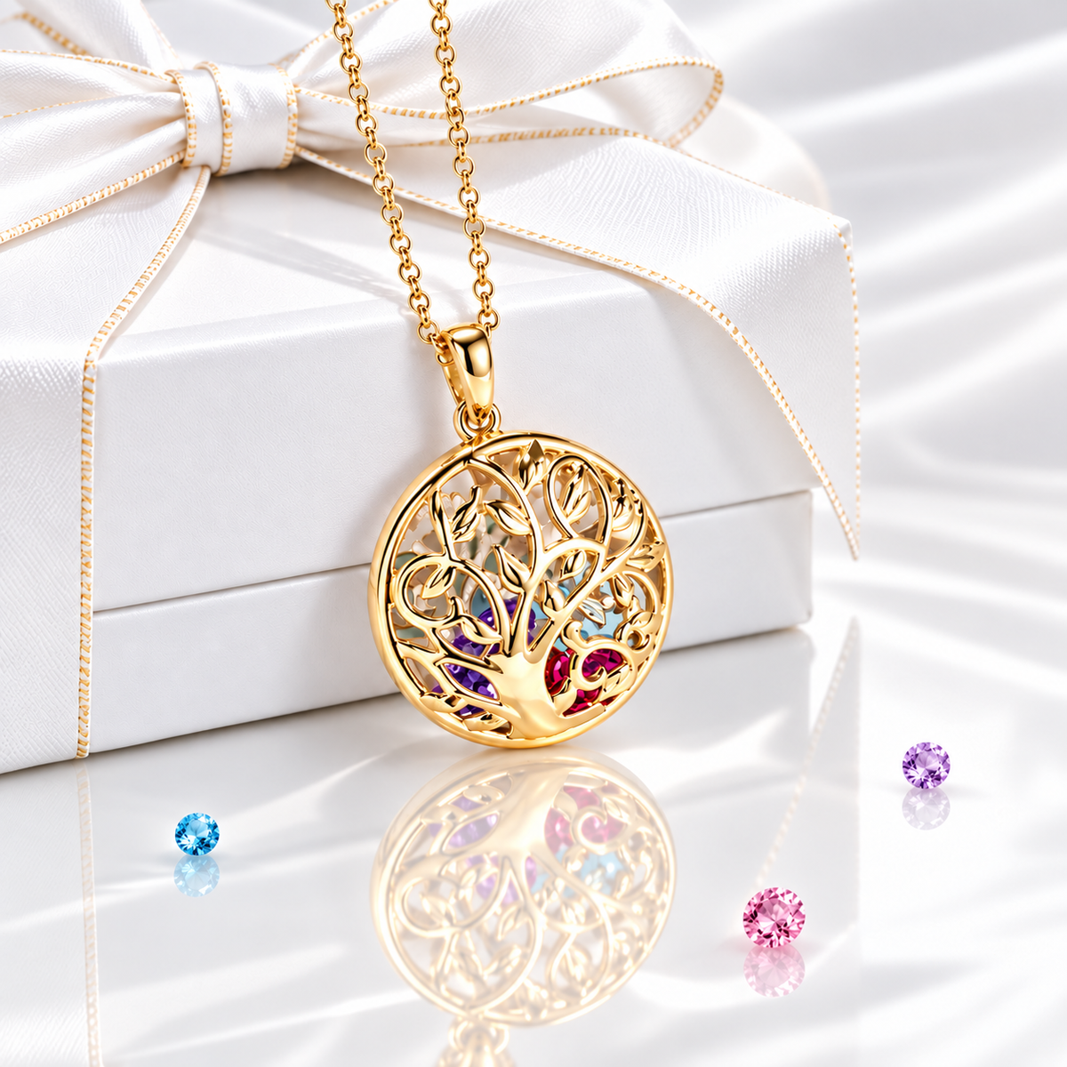 Gold round family tree birthstone necklace with colorful birthstones