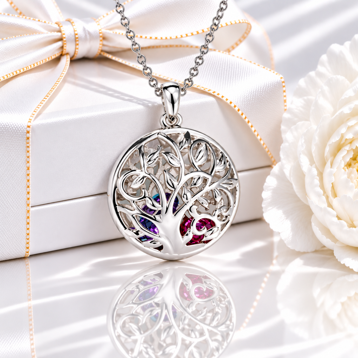 Personalized round family tree birthstone necklace in sterling silver