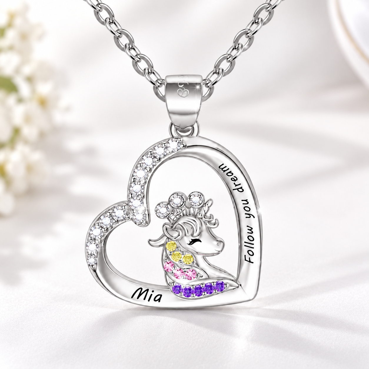 Personalized crowned unicorn necklace for girls with tilted heart pendant and custom name