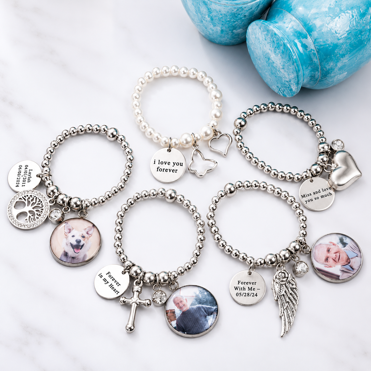 Custom memorial charm bracelet options for personalised mini cremation urn with photo engraving for human or pet ashes.