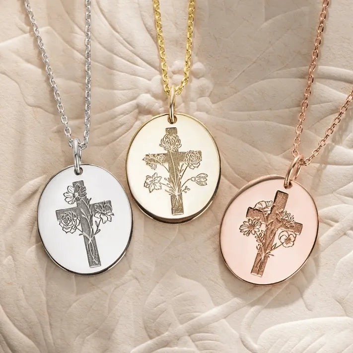 Sterling Silver Birth Flower Cross Necklace - Engraved Verse & Floral - Women's Gift - Belbren
