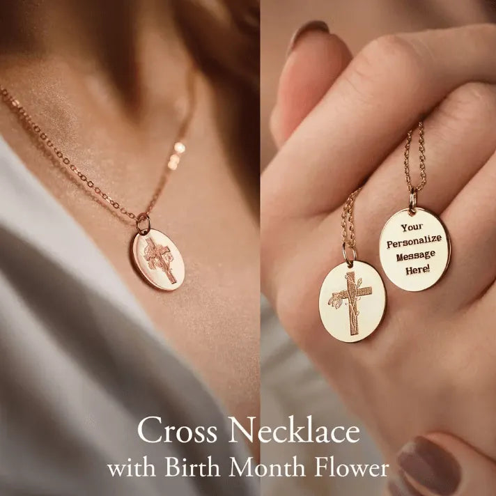 Sterling Silver Birth Flower Cross Necklace - Engraved Verse & Floral - Women's Gift - Belbren