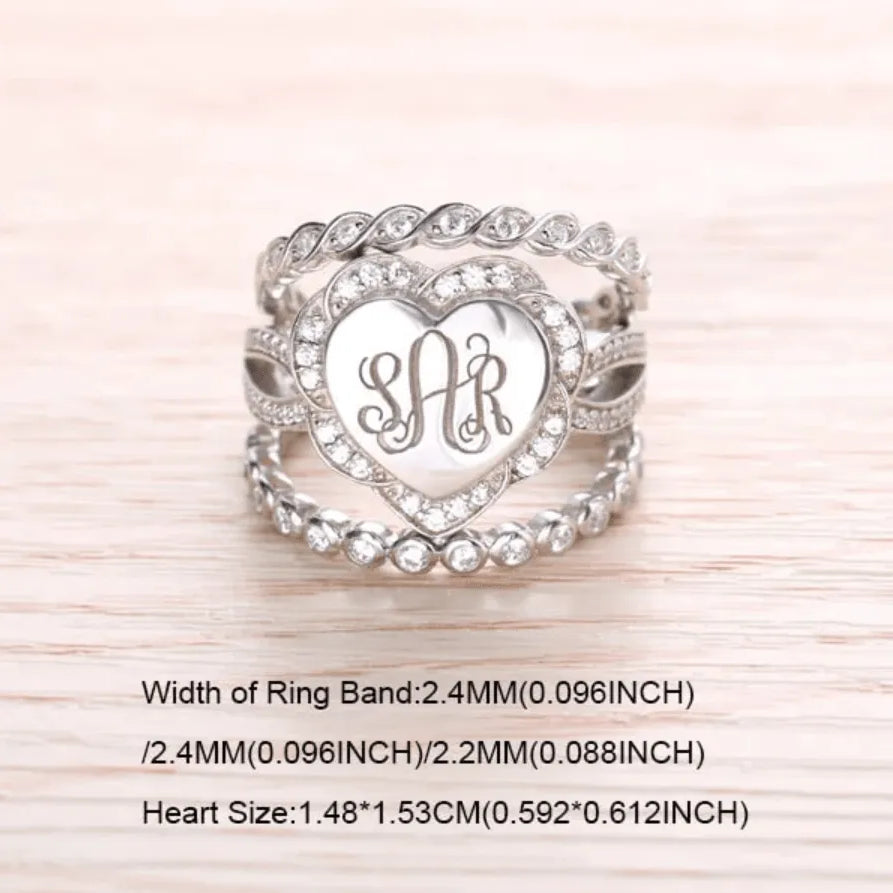 Sterling Silver Monogram Ring - Custom Initials, Stackable Design in Heart, Square, or Round - Elegant Women's Jewelry - Belbren