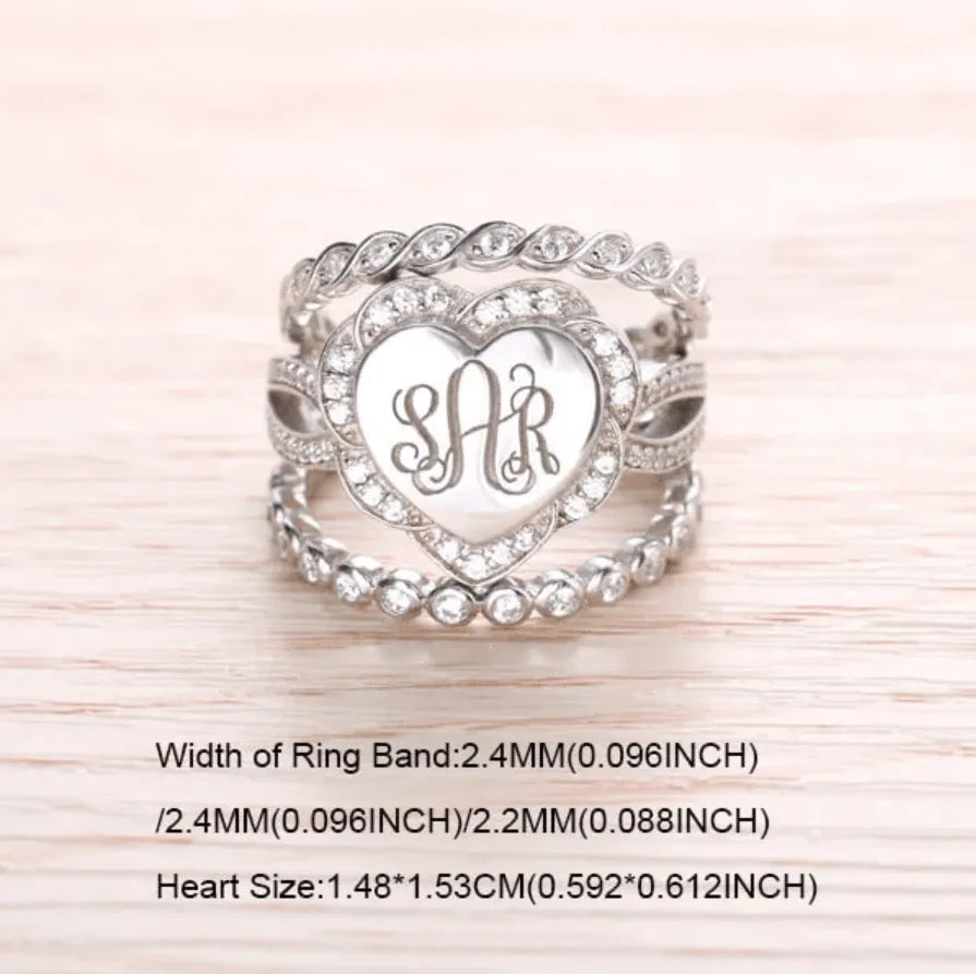 Sterling Silver Monogram Ring - Custom Initials, Stackable Design in Heart, Square, or Round - Elegant Women's Jewelry - Belbren
