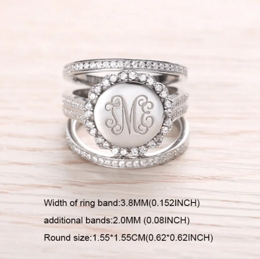 Sterling Silver Monogram Ring - Custom Initials, Stackable Design in Heart, Square, or Round - Elegant Women's Jewelry - Belbren