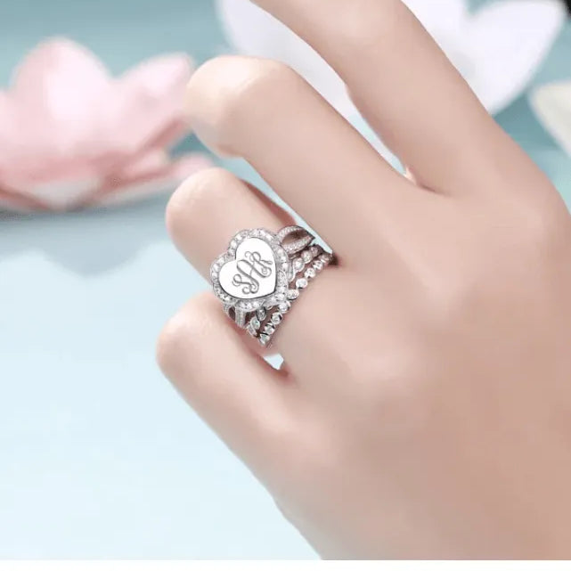 Sterling Silver Monogram Ring - Custom Initials, Stackable Design in Heart, Square, or Round - Elegant Women's Jewelry - Belbren
