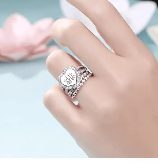 Sterling Silver Monogram Ring - Custom Initials, Stackable Design in Heart, Square, or Round - Elegant Women's Jewelry - Belbren
