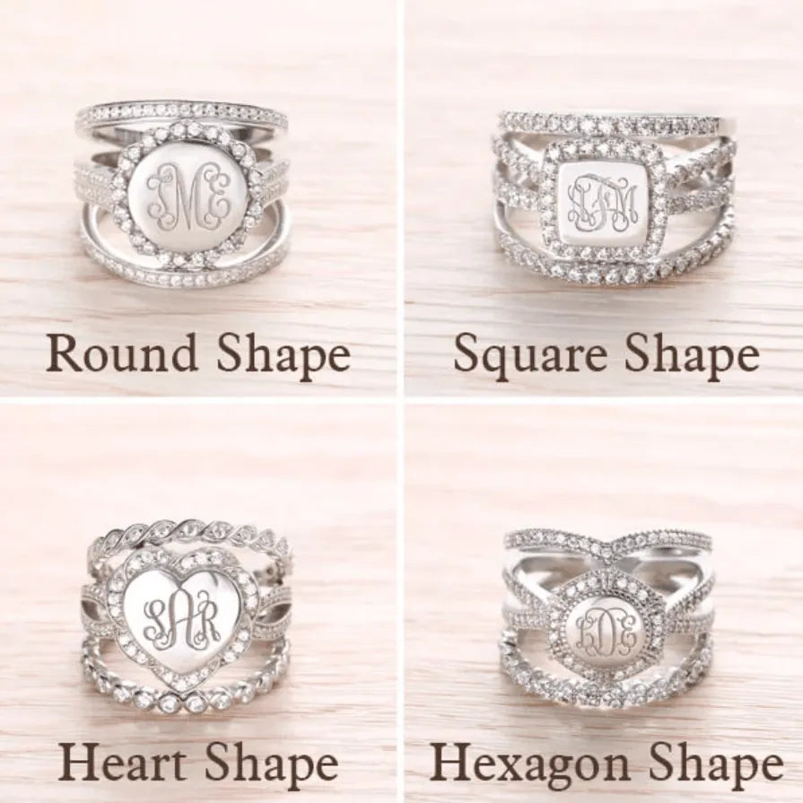 Sterling Silver Monogram Ring - Custom Initials, Stackable Design in Heart, Square, or Round - Elegant Women's Jewelry - Belbren
