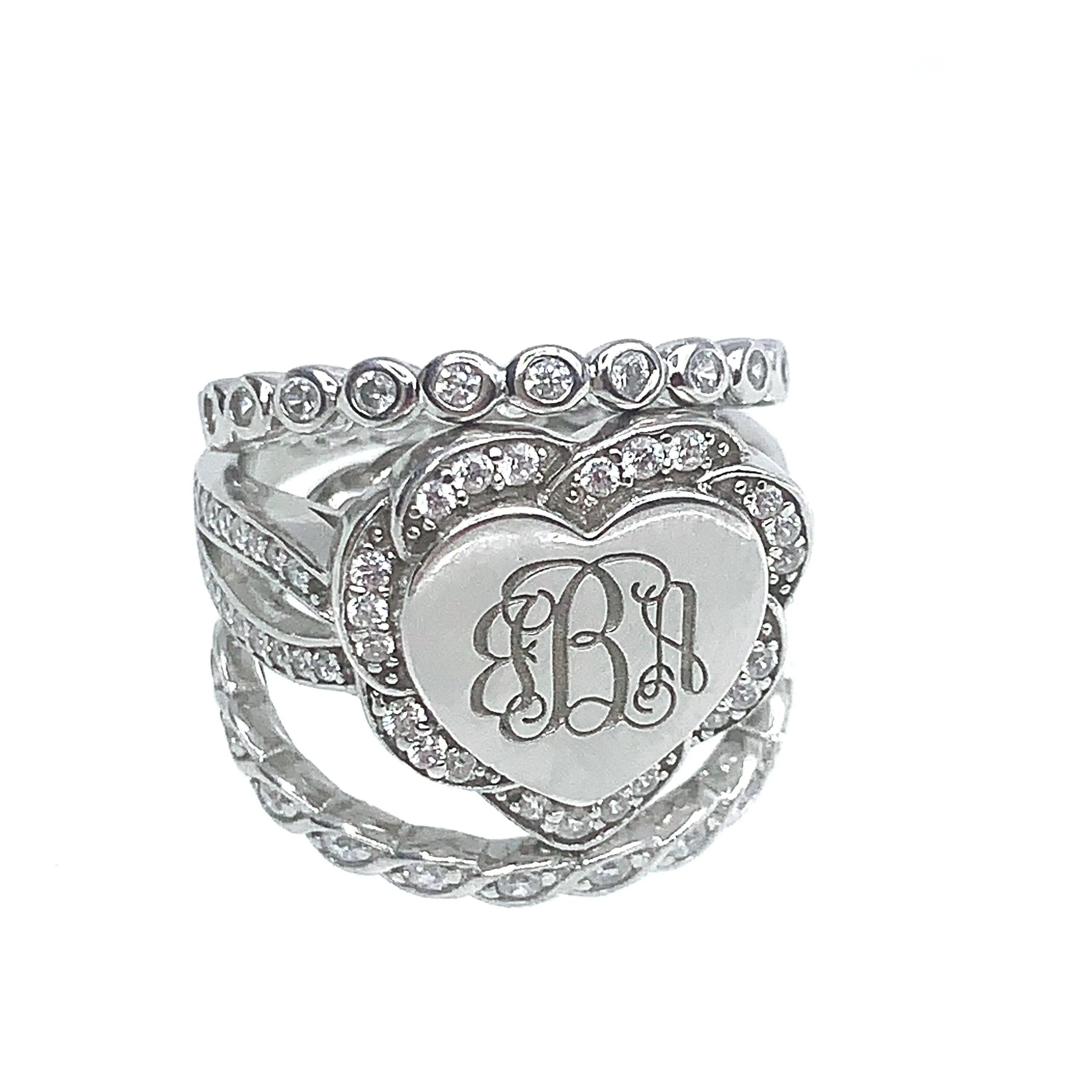 Sterling Silver Monogram Ring - Custom Initials, Stackable Design in Heart, Square, or Round - Elegant Women's Jewelry - Belbren