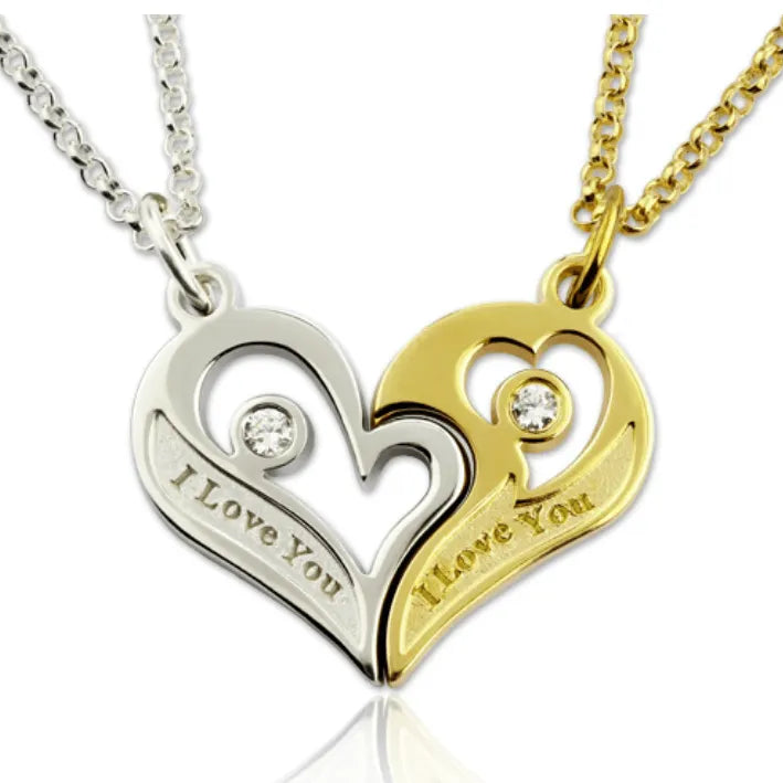 Sterling Silver Shared Heart Necklace for Couples - Custom Engraved with Birthstones - Matching Pendant Set - Belbren