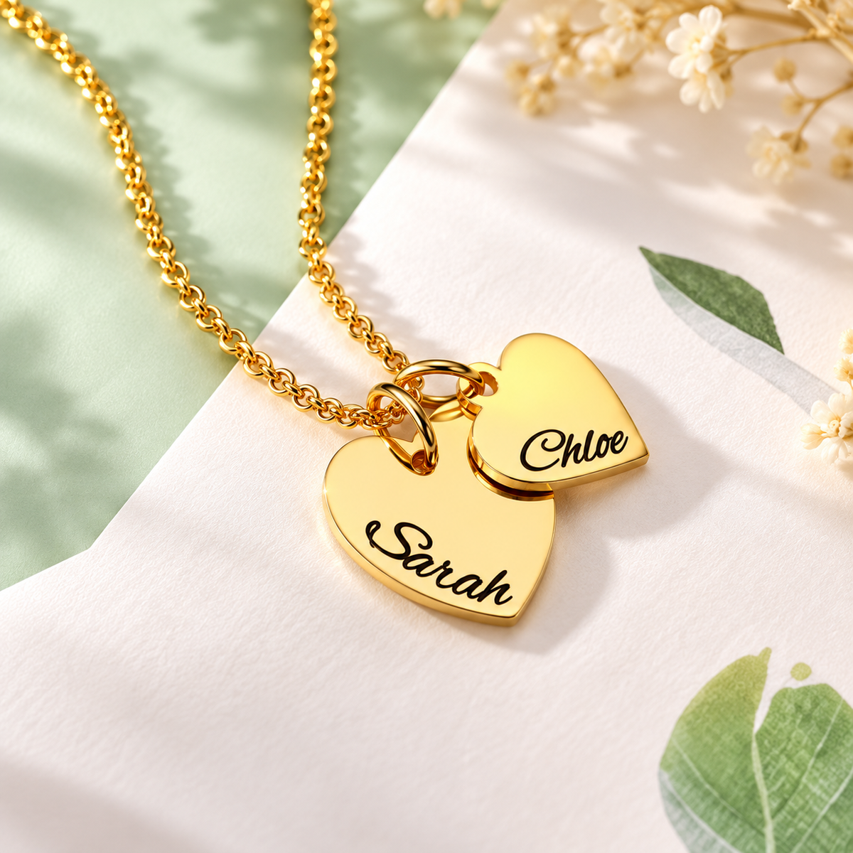 Gold double heart necklace personalized with two names