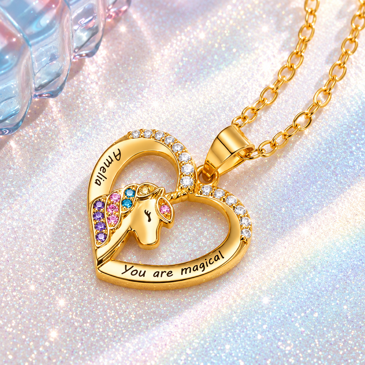 Gold personalized unicorn heart pendant necklace with sparkling crystals