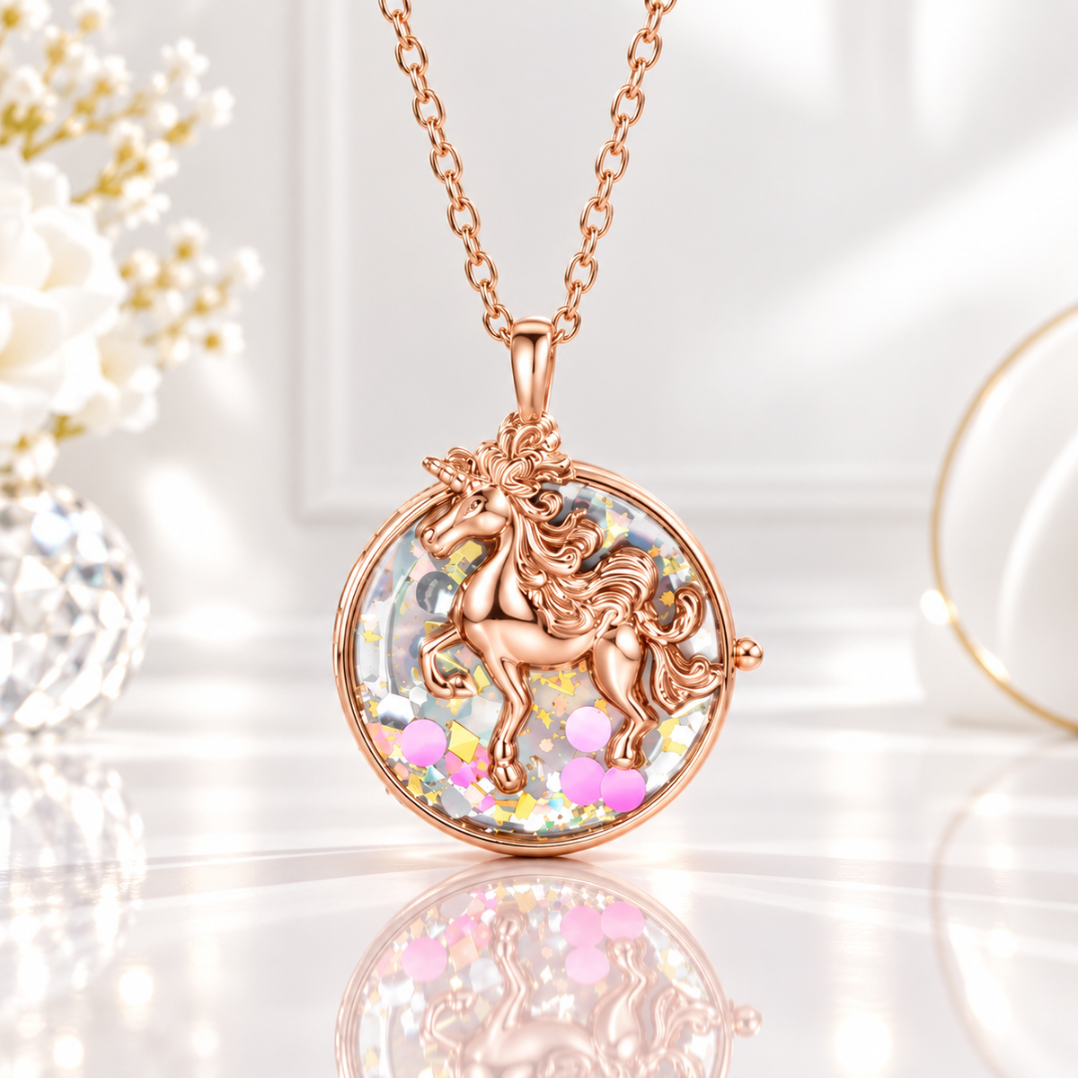 Rose gold round unicorn photo locket necklace with sparkling accents