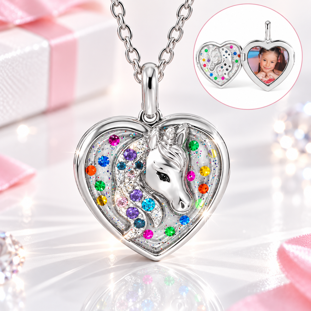 Heart-shaped unicorn photo locket necklace with sparkling sequin design