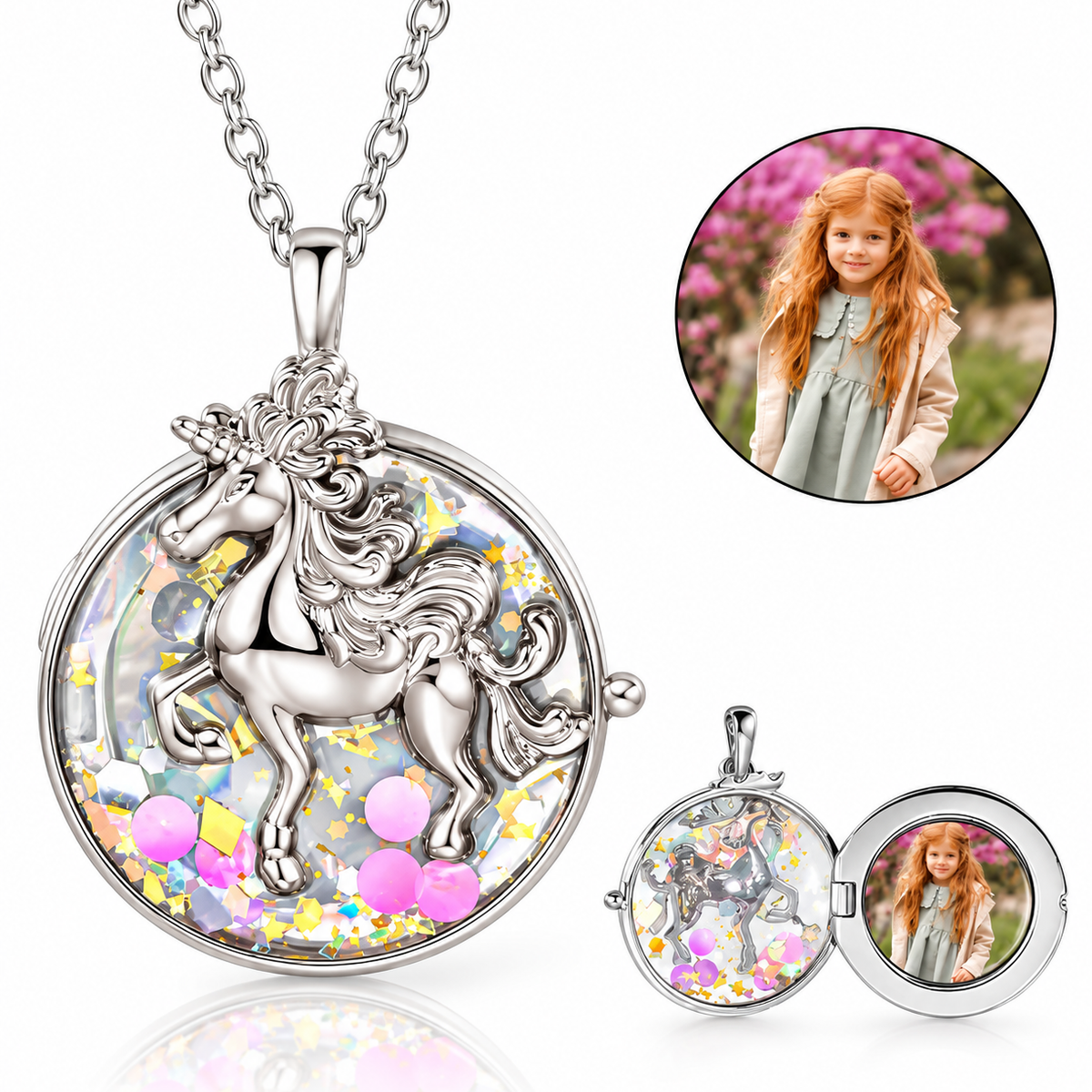 Silver personalized unicorn photo locket shown open with custom picture