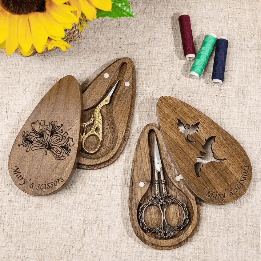 Vintage European/Stork Embroidery Scissors, Personalized Engraved Wooden Box, Custom Sewing Gift, Craft, Needlework, Mother's Day - Belbren