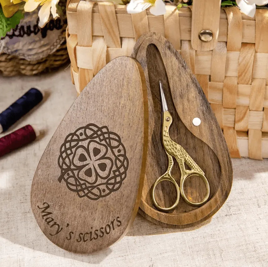 Vintage European/Stork Embroidery Scissors, Personalized Engraved Wooden Box, Custom Sewing Gift, Craft, Needlework, Mother's Day - Belbren