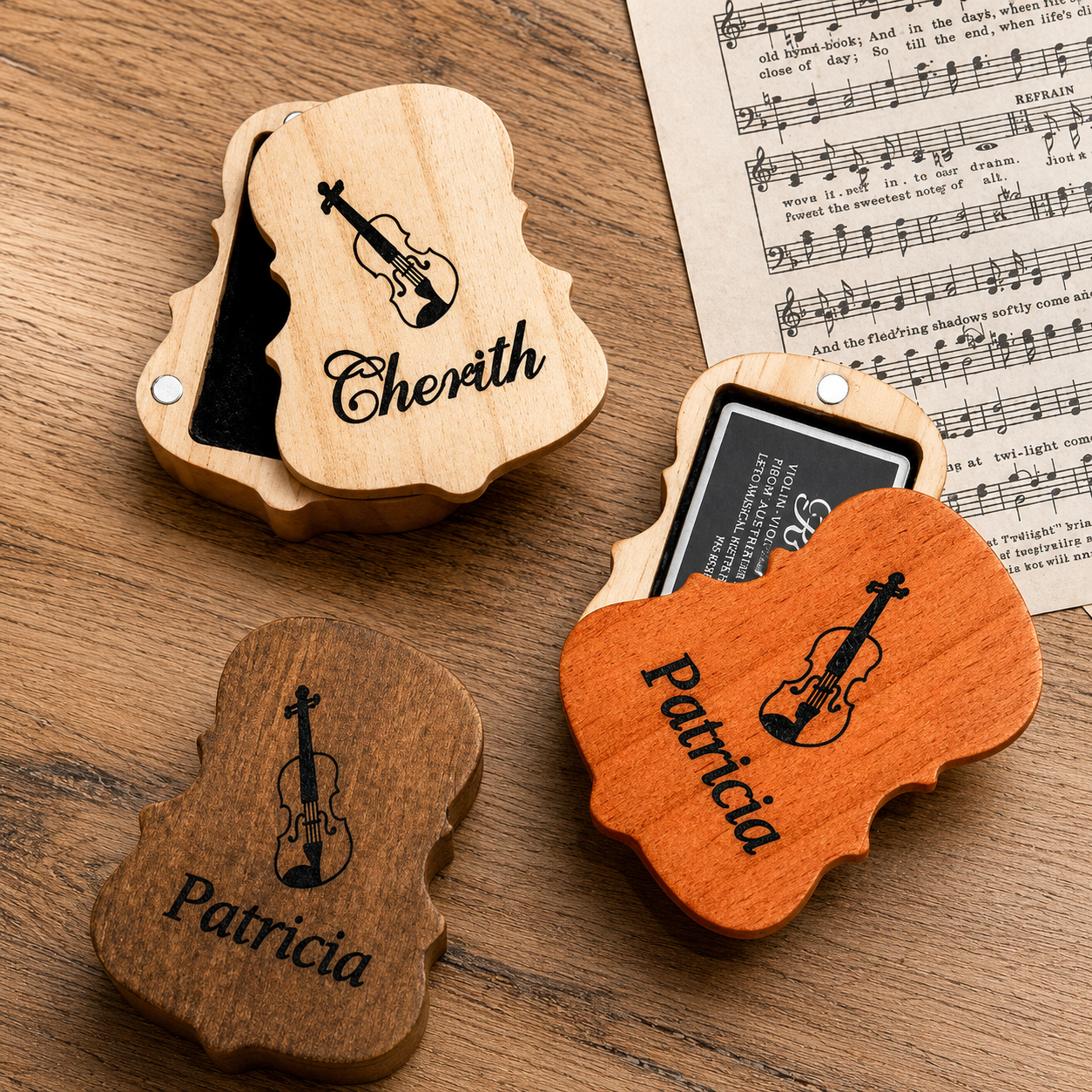 Custom engraved wooden violin rosin case with personalized name, open rosin box for violin, viola, cello, and bass musicians.