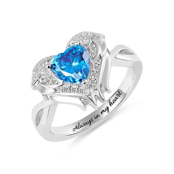 925 Sterling Silver Angel Wing Ring with Customizable Heart-Shaped Birthstone and Personalized Engraving - Belbren