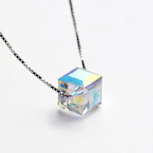 Aurora Borealis Crystal Cube Necklace - Swarovski Opalescent Good Luck Charm Jewelry for Women - Belbren