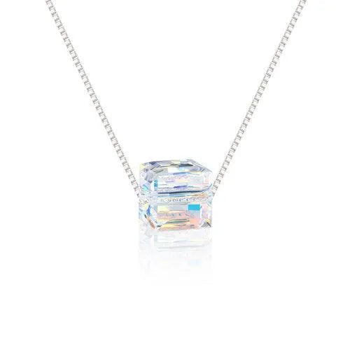 Aurora Borealis Crystal Cube Necklace - Swarovski Opalescent Good Luck Charm Jewelry for Women - Belbren