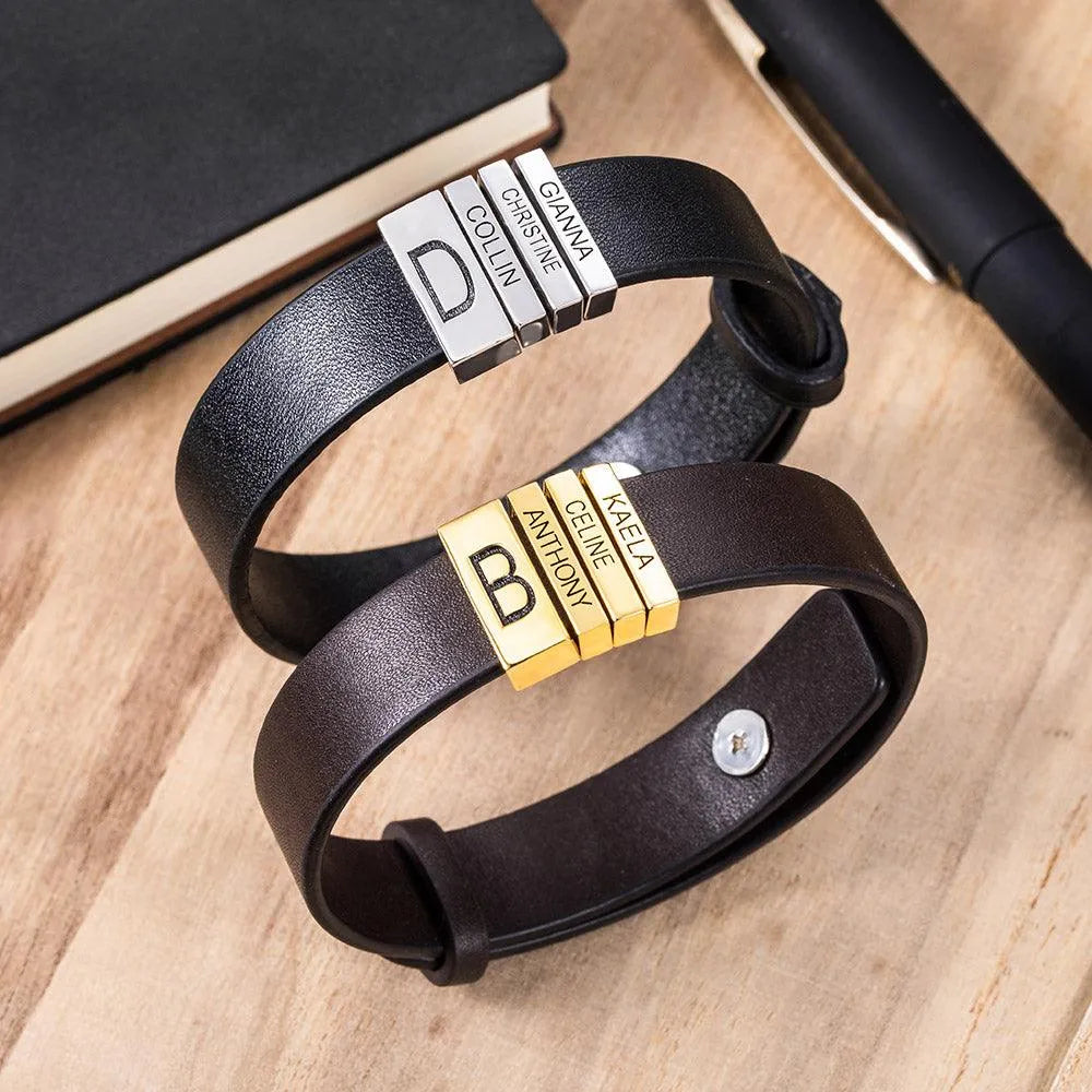 Custom Dad's Leather Bracelet - Engraved Silver Accents & Family Names - Belbren
