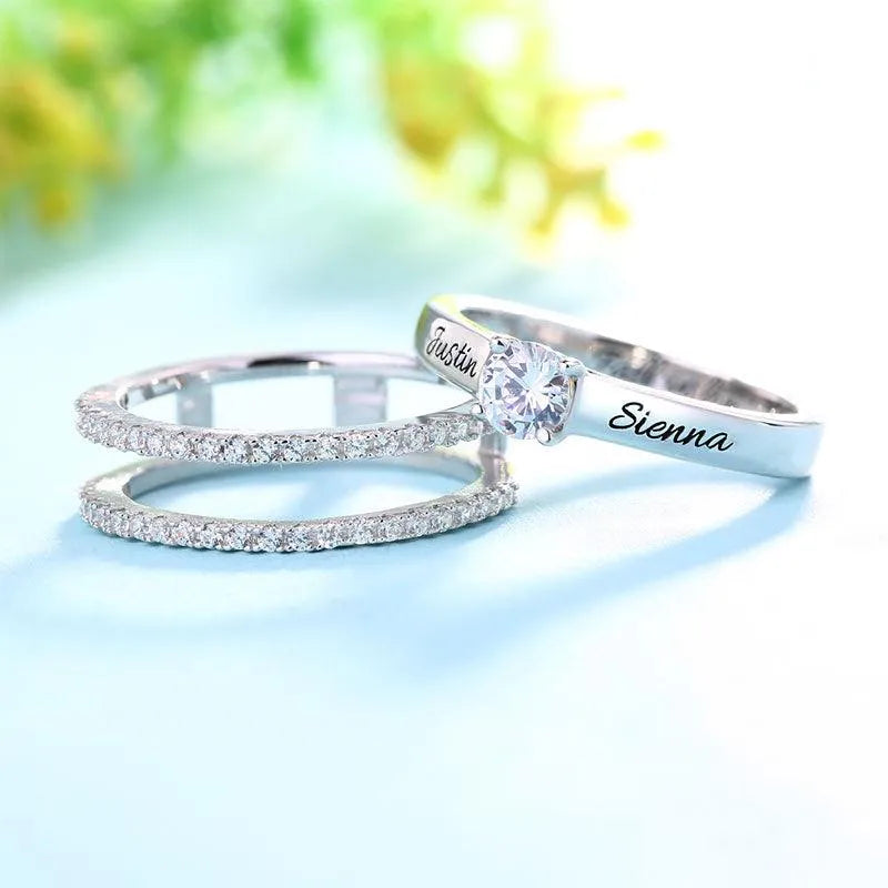 Custom Engraved Promise Ring Set with Simulated Diamond (Cubic Zirconia) – Stackable Couples Rings for Engagement, Friendship, or Anniversary - Belbren
