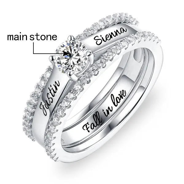 Custom Engraved Promise Ring Set with Simulated Diamond (Cubic Zirconia) – Stackable Couples Rings for Engagement, Friendship, or Anniversary - Belbren