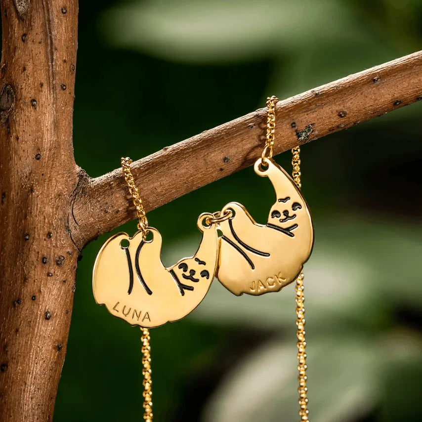 Custom Engraved Sloth Family Necklace - Personalized Mother & Baby Pendant - Silver Sloth Jewelry - Mother's Day & Animal Lover Gift - Belbren