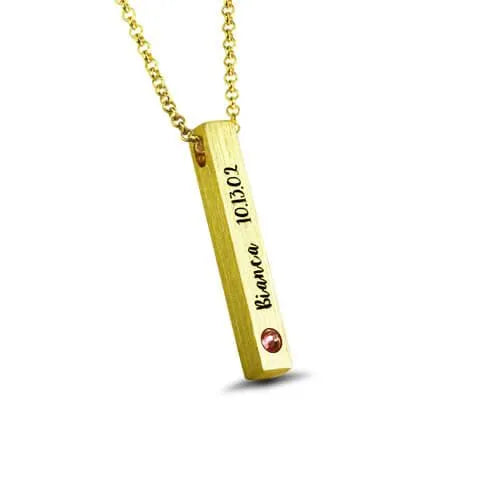Custom Engraved Sterling Silver 4-Sided Bar Necklace with Birthstone , Perfect Mother's Day Gift - Belbren