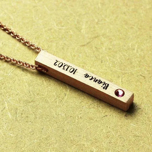 Custom Engraved Sterling Silver 4-Sided Bar Necklace with Birthstone , Perfect Mother's Day Gift - Belbren