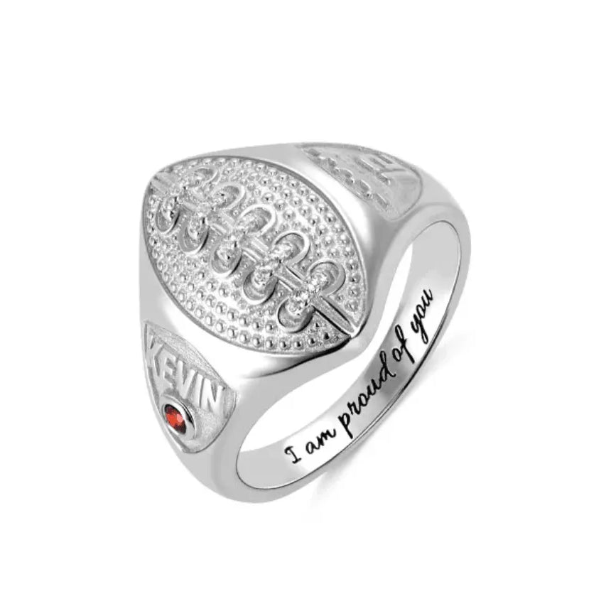 Custom Football Championship Signet Ring - 925 Sterling Silver - Personalized Name, Number & Birthstone - Sports Jewelry for Football Fans - Belbren