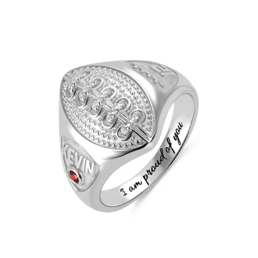 Custom Football Championship Signet Ring - 925 Sterling Silver - Personalized Name, Number & Birthstone - Sports Jewelry for Football Fans - Belbren