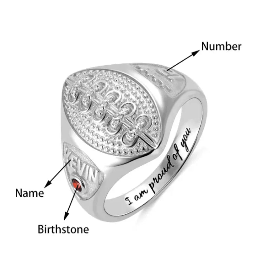 Custom Football Championship Signet Ring - 925 Sterling Silver - Personalized Name, Number & Birthstone - Sports Jewelry for Football Fans - Belbren