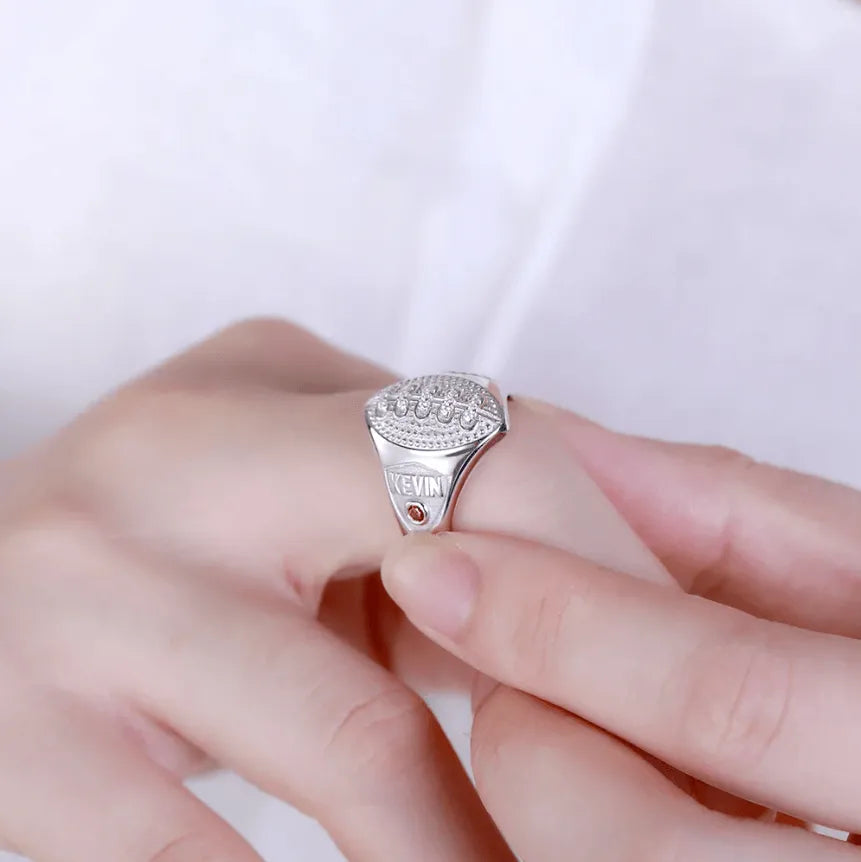 Custom Football Championship Signet Ring - 925 Sterling Silver - Personalized Name, Number & Birthstone - Sports Jewelry for Football Fans - Belbren