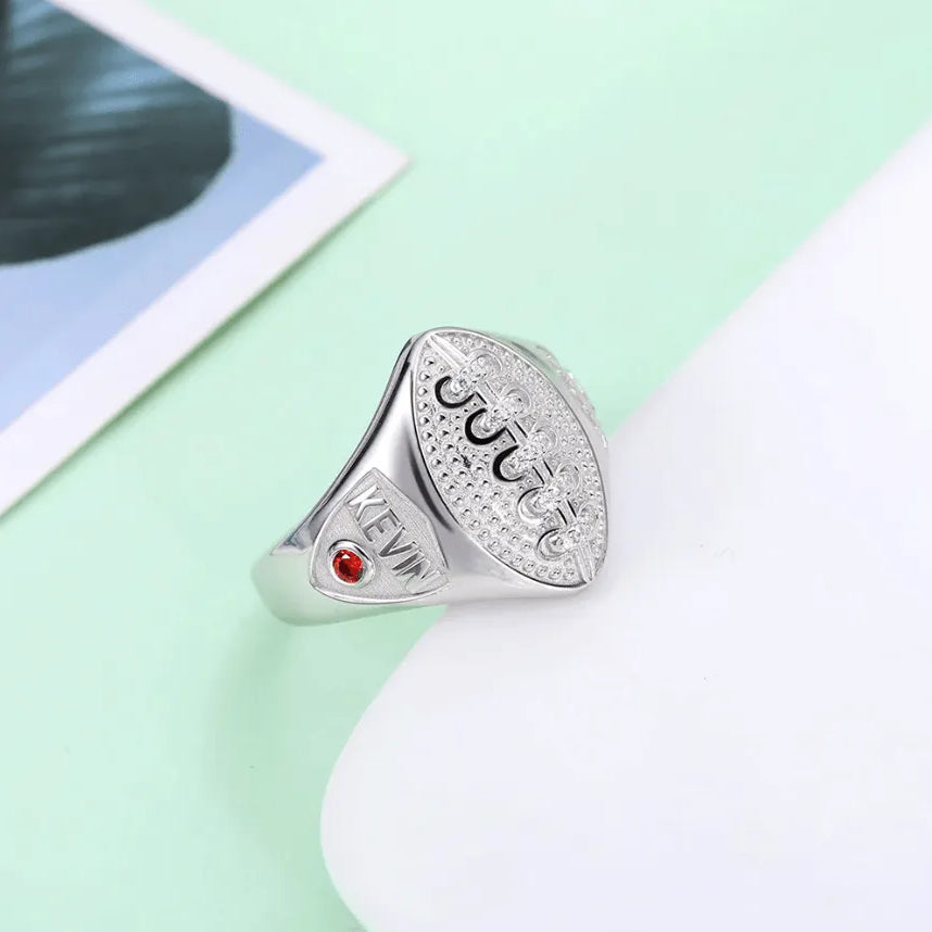 Custom Football Championship Signet Ring - 925 Sterling Silver - Personalized Name, Number & Birthstone - Sports Jewelry for Football Fans - Belbren