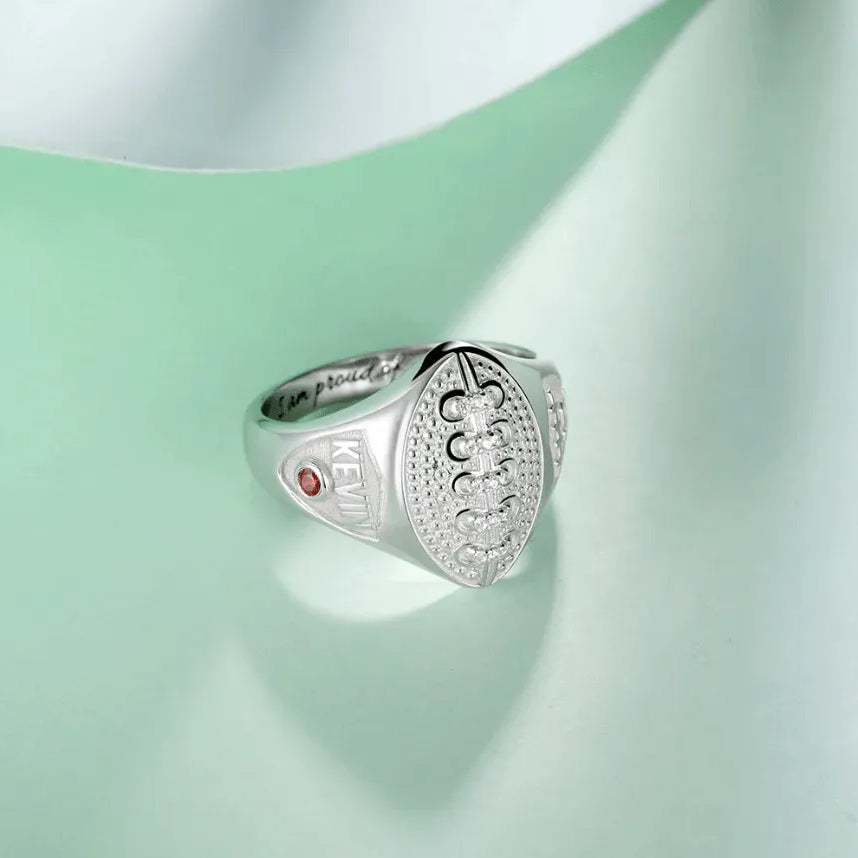 Custom Football Championship Signet Ring - 925 Sterling Silver - Personalized Name, Number & Birthstone - Sports Jewelry for Football Fans - Belbren