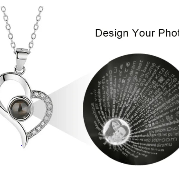 Custom Heart Projection Necklace - "I Love You" in 100 Languages with Photo - Belbren