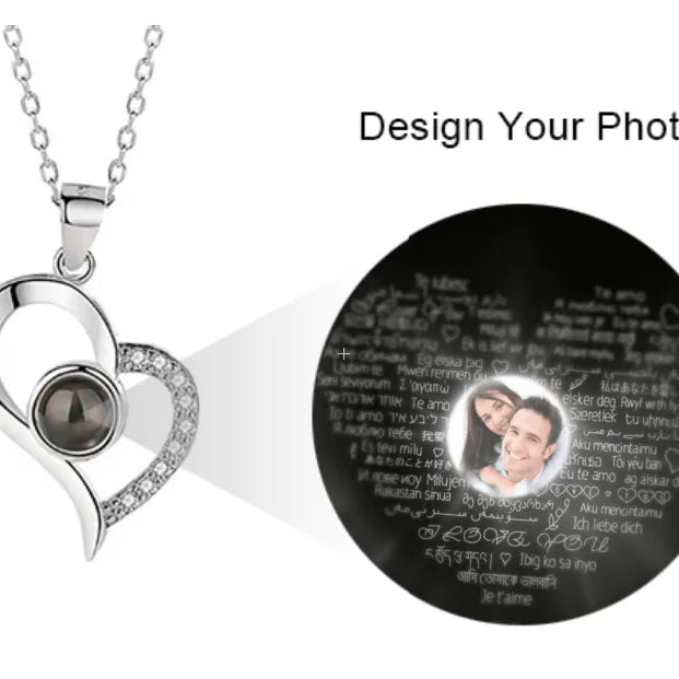 Custom Heart Projection Necklace - "I Love You" in 100 Languages with Photo - Belbren