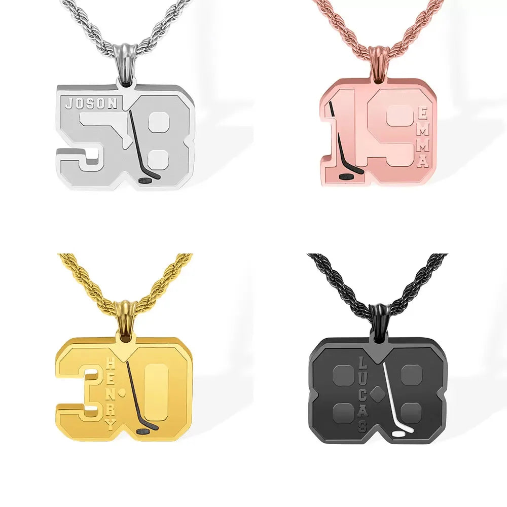 Personalized Ice Hockey Necklace - Custom Jersey Number & Name Pendant in Gold or Black - Stainless Steel Sports Jewelry Gift - Belbren