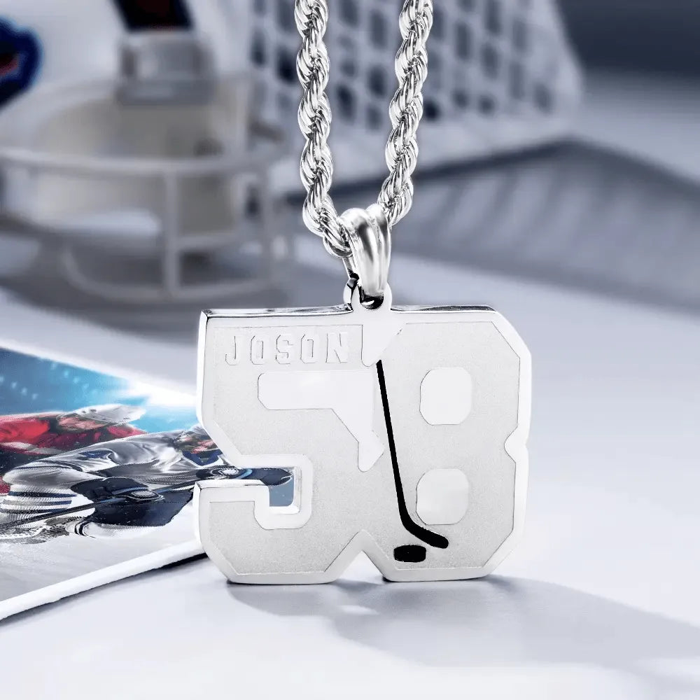 Personalized Ice Hockey Necklace - Custom Jersey Number & Name Pendant in Gold or Black - Stainless Steel Sports Jewelry Gift - Belbren