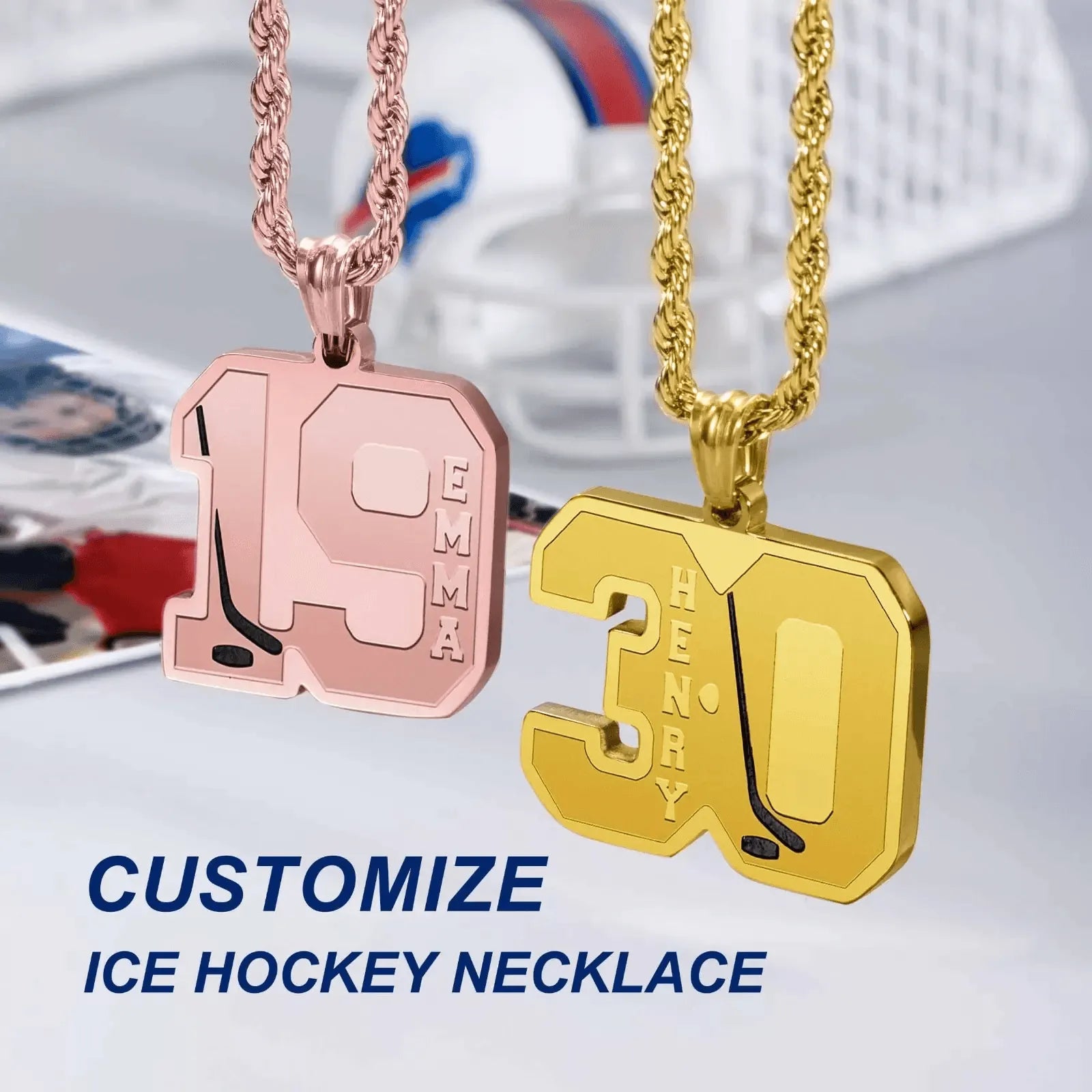 Personalized Ice Hockey Necklace - Custom Jersey Number & Name Pendant in Gold or Black - Stainless Steel Sports Jewelry Gift - Belbren