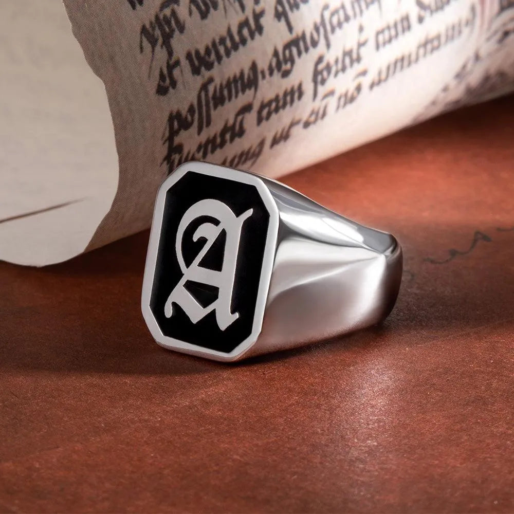 Custom Initial Signet Ring - Sterling Silver Unisex Letter Ring - Gothic Initial Jewelry- Choose Shape: Round, Rectangle, Octagon, Oval - Belbren