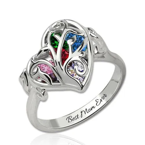 Customizable Family Tree Heart Ring with Birthstones - Platinum, Gold, Rose Gold Plated - Ideal Gift for Mothers - Belbren